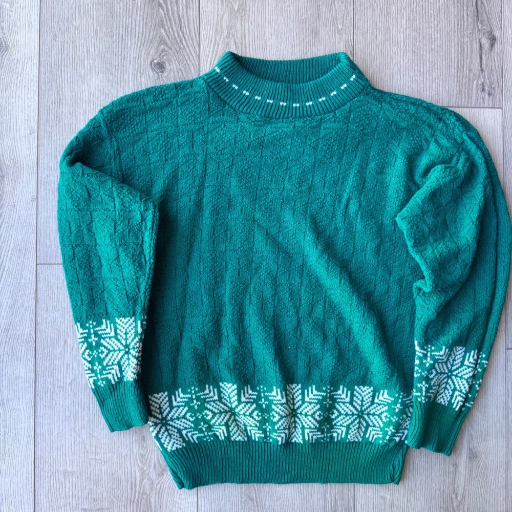 Handmade Green Snowflake Fair Isle Knit Sweater Nordic Christmas L